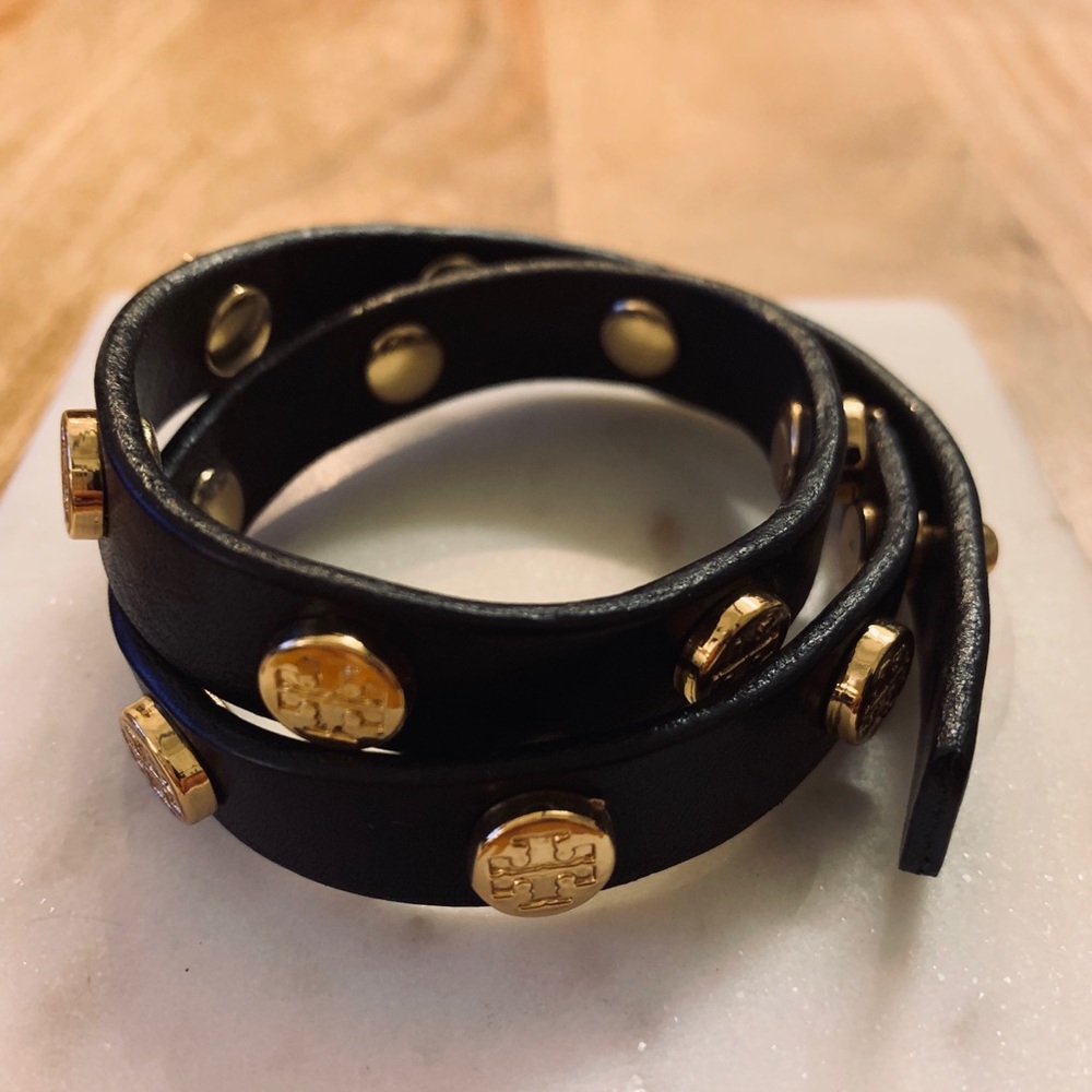 Tory Burch Double Wrap Black Logo Stud Bracelet